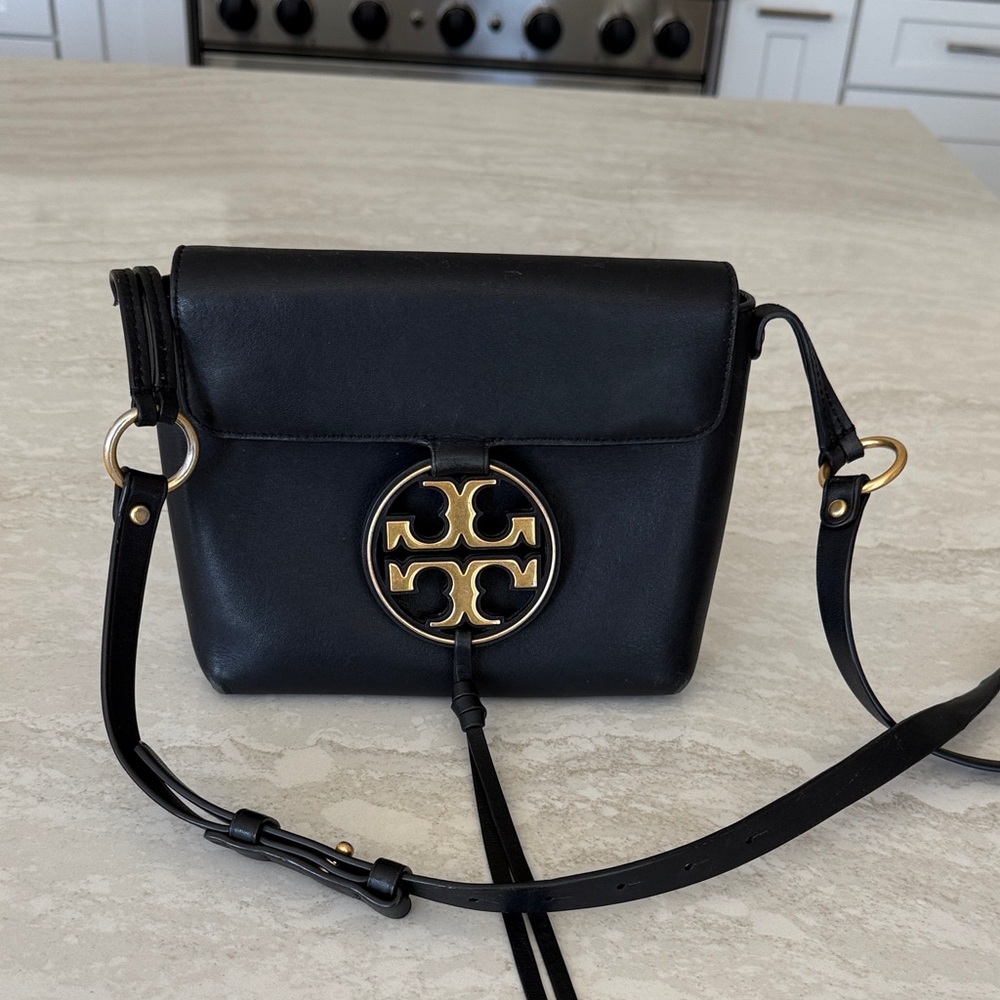 Tory Burch Black Leather Crossbody with Gold Logo Detail